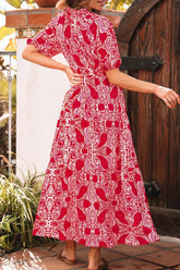 Paisley Print Side Slit Puff Sleeve High Waist Maxi Dress OutfitFlow